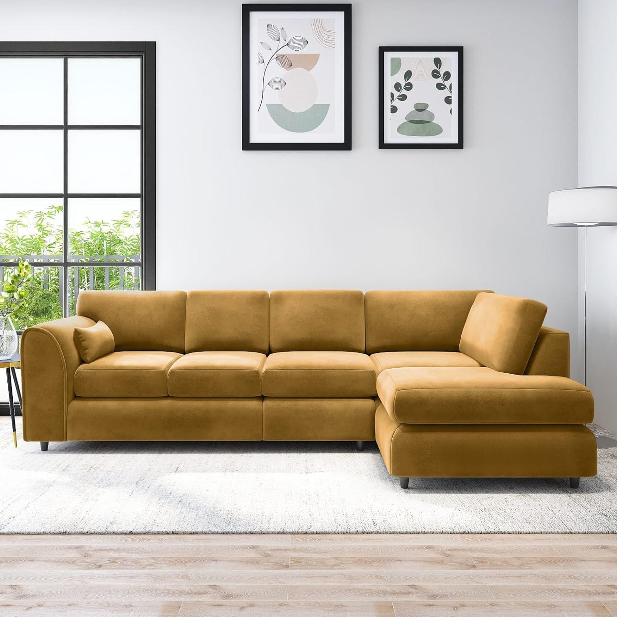 DELANO Plush Velvet Large 5 Seater L Shaped Fullback Corner Sofa - Mustard, Right Hand Facing - Home Done