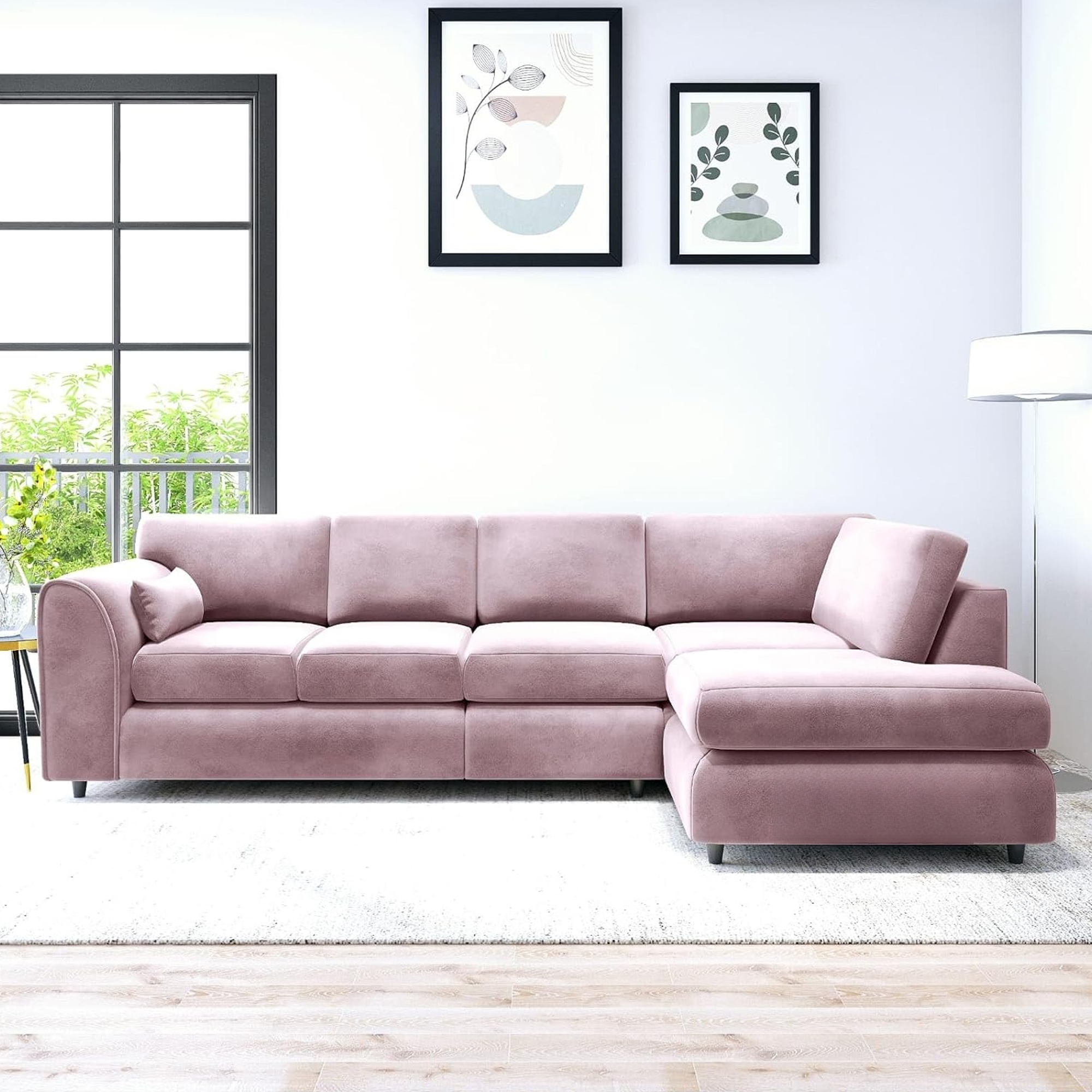DELANO Plush Velvet Large 5 Seater L Shaped Fullback Corner Sofa - Pink, Right Hand Facing - Home Done