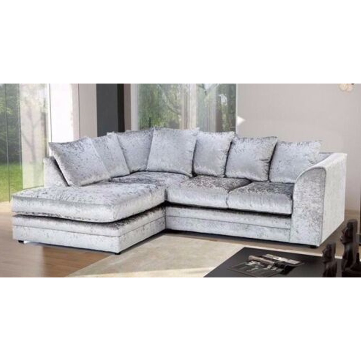 MOUNI Crushed Velvet 4 Seater L Shaped - Left Hand Facing Corner Sofa - Silver - Steve and Co Mills