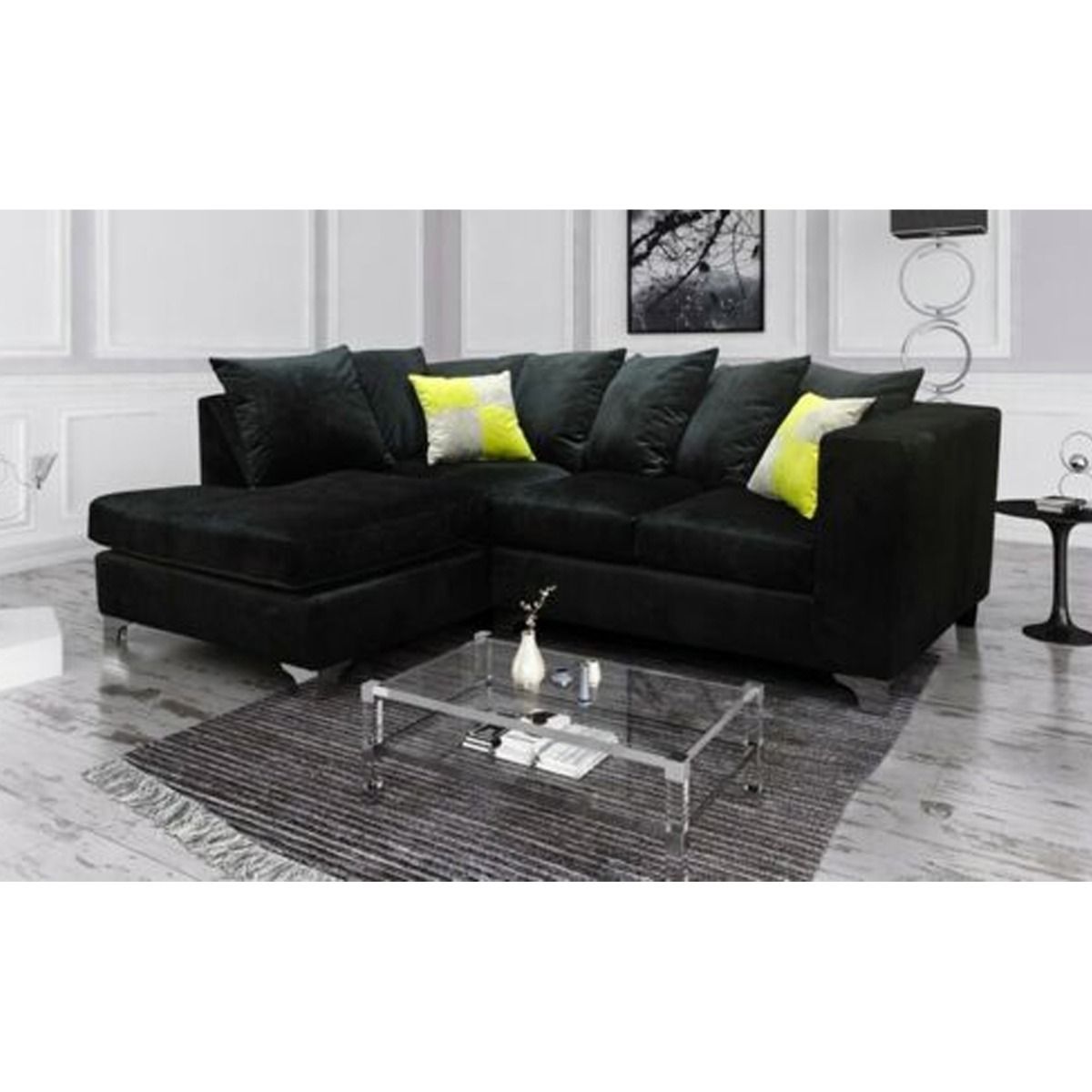AURELO Plush Velvet 4 Seater L Shaped - Left Hand Facing Corner Sofa - Black - Steve and Co Mills