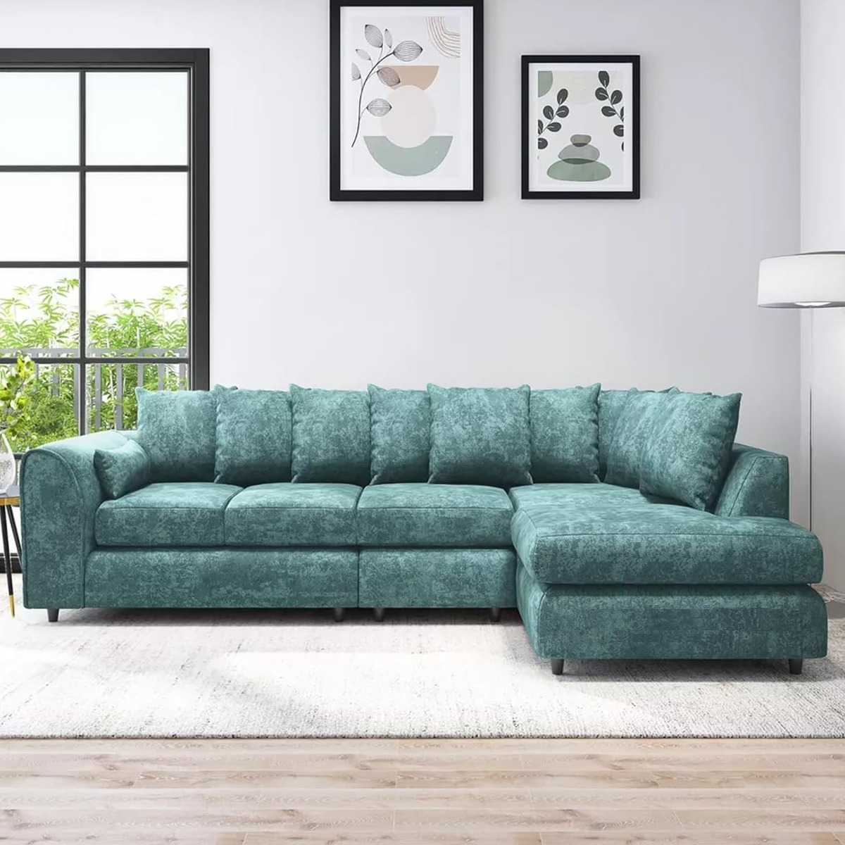 LORVANI Fabric Large 5 Seater L Shaped Scatterback Corner Sofa - Teal, Right Hand Facing - Home Done
