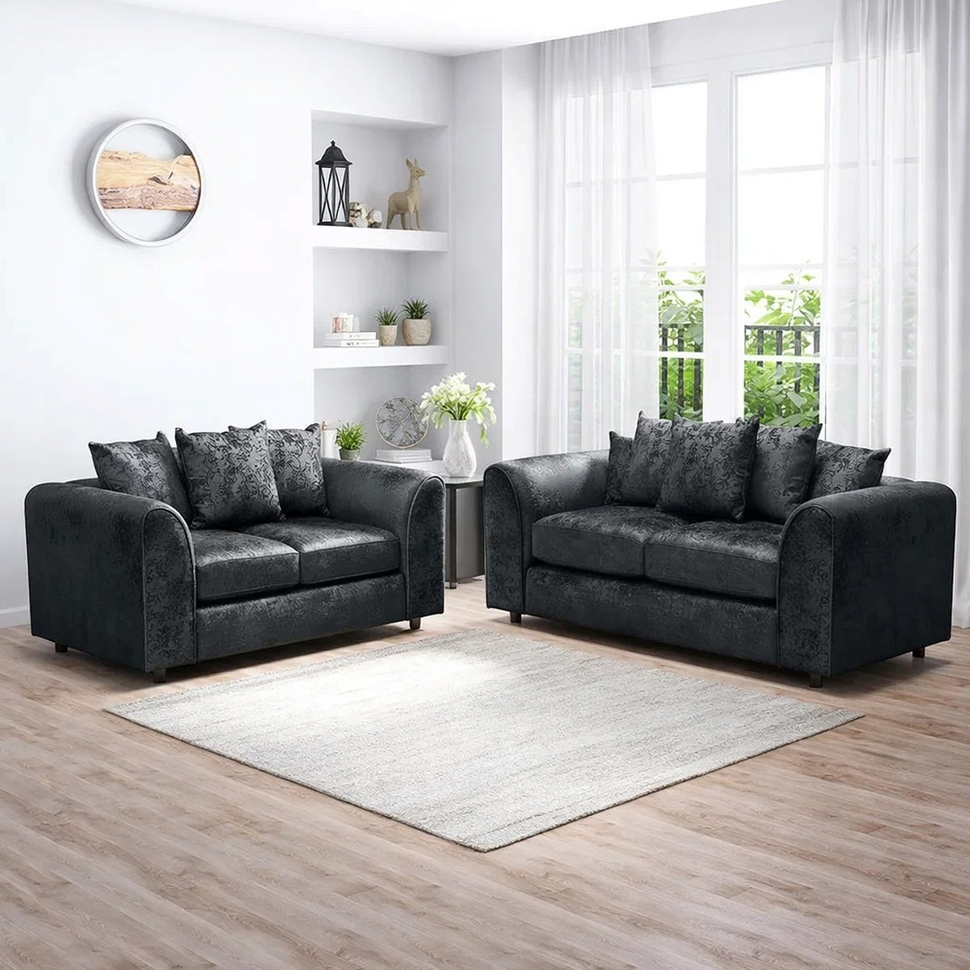 VELOURA Crush Velvet 3 and 2 Seater Scatterback Sofa Set - Black - Home Done