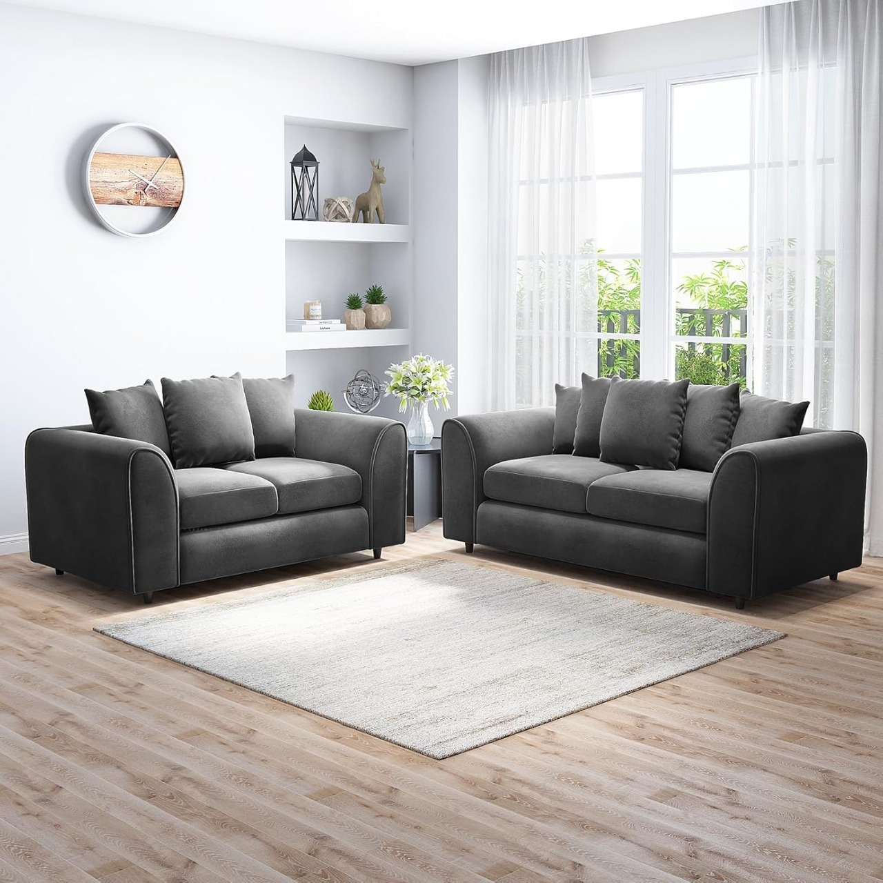 DELANO Plush Velvet 3 and 2 Seater Scatterback Sofa Set - Black - Home Done
