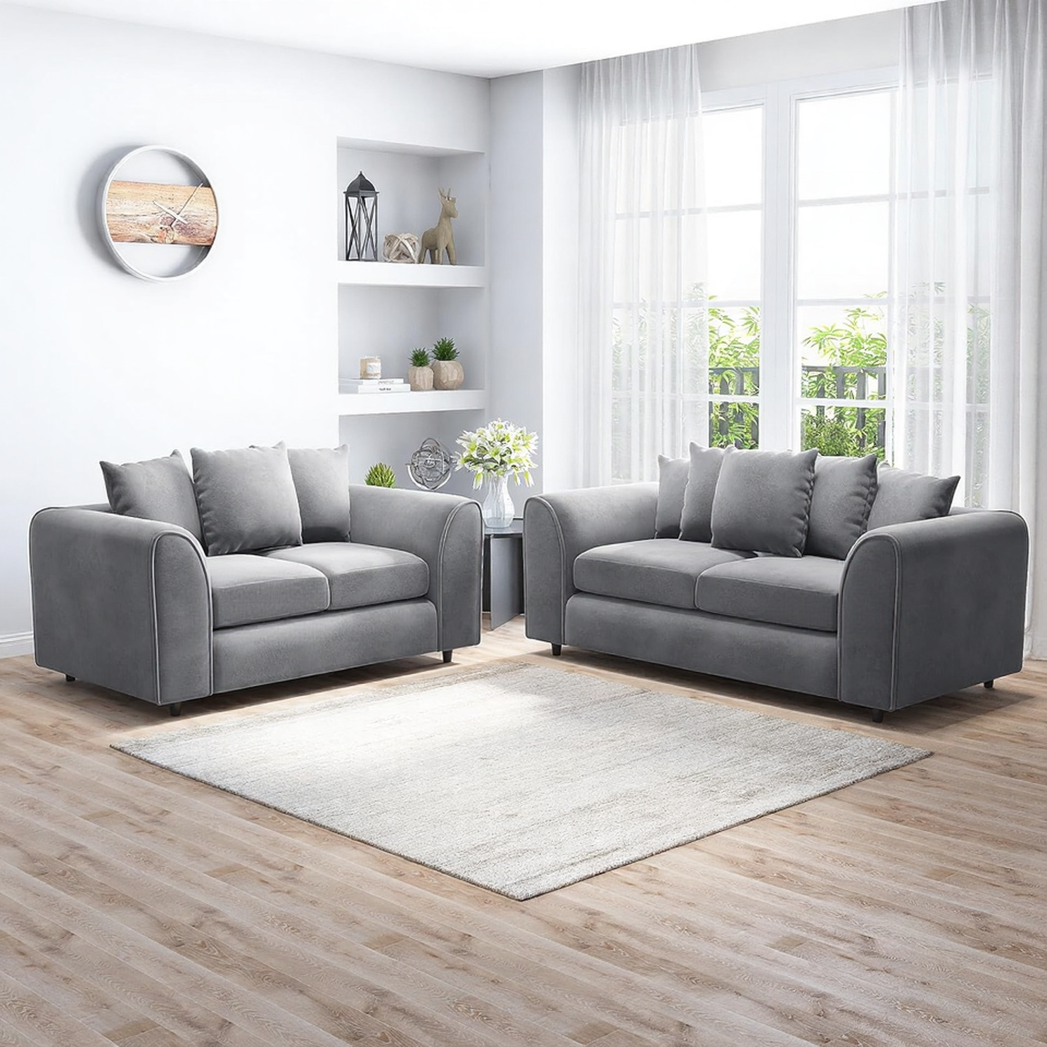 DELANO Plush Velvet 3 and 2 Seater Scatterback Sofa Set - Dark Grey - Home Done