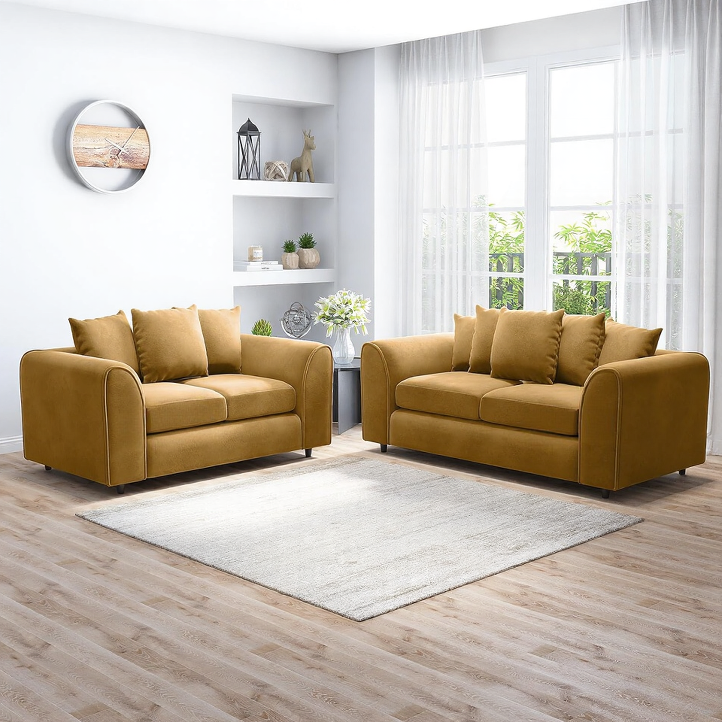 DELANO Plush Velvet 3 and 2 Seater Scatterback Sofa Set - Mustard - Home Done