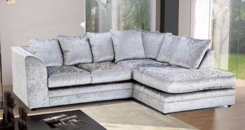 MOUNI Crushed Velvet 4 Seater L Shaped - Right Hand Facing Corner Sofa - Silver - Steve and Co Mills