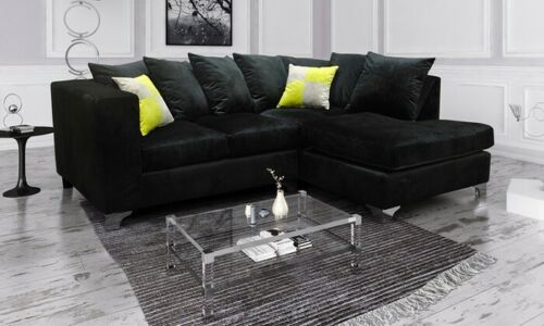 AURELO Plush Velvet 4 Seater L Shaped - Right Hand Facing Corner Sofa - Black - Steve and Co Mills