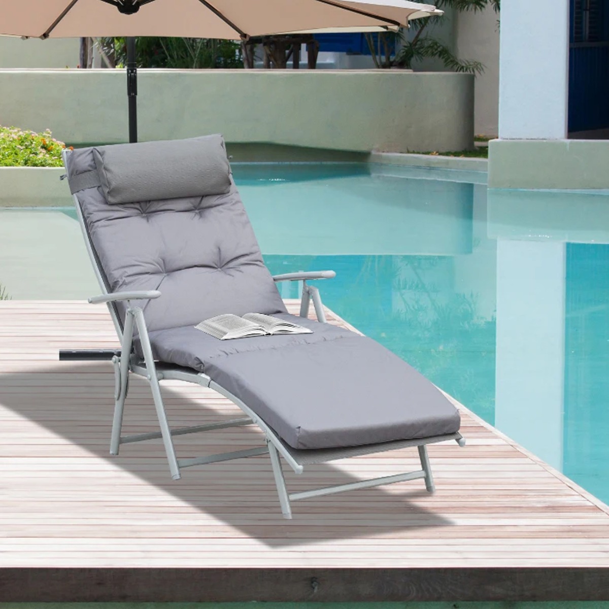 Steel Frame Foldable Design Padded Sun Lounger with Pillow - Grey - The Garden Savant
