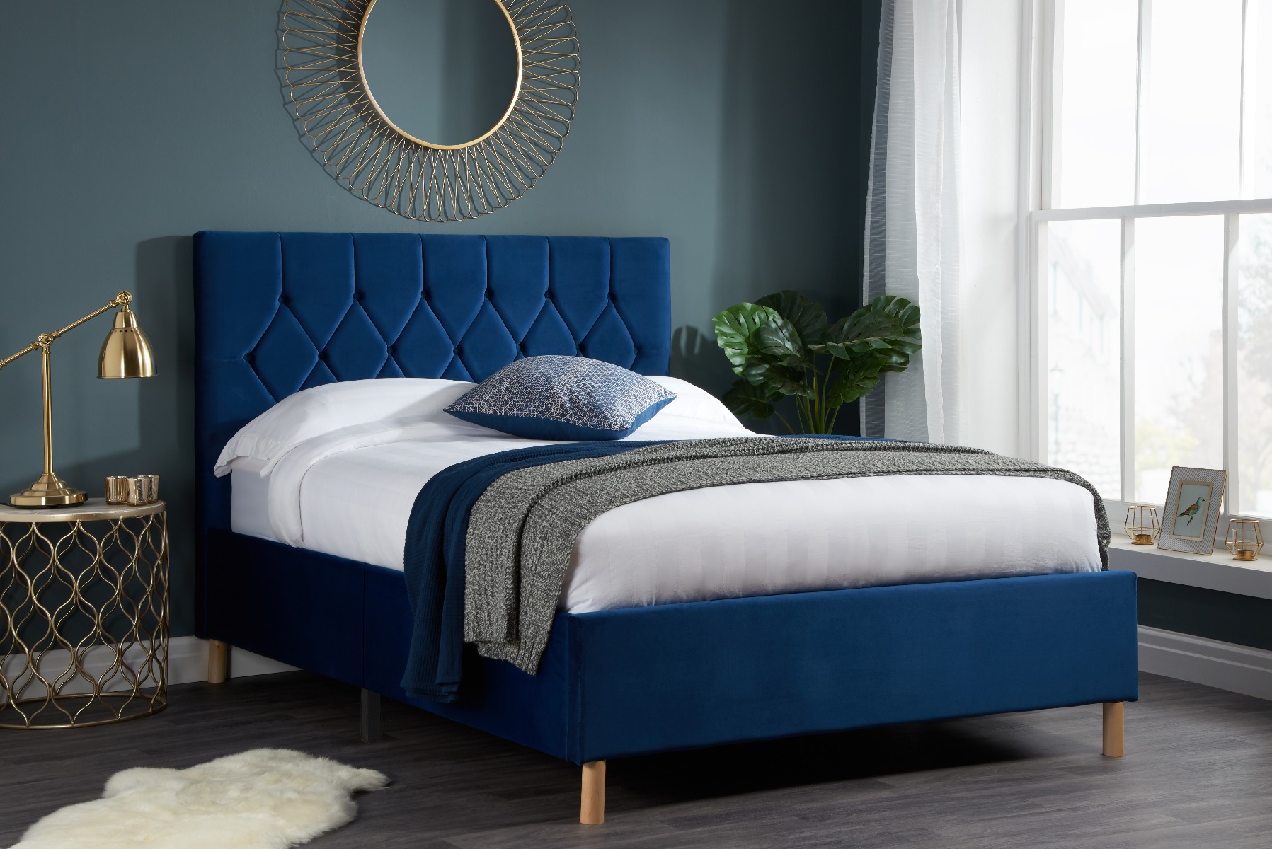 Loxley Modern Upholstered Blue Fabric Bed - Standard Double 4ft6 - Birlea Essentials