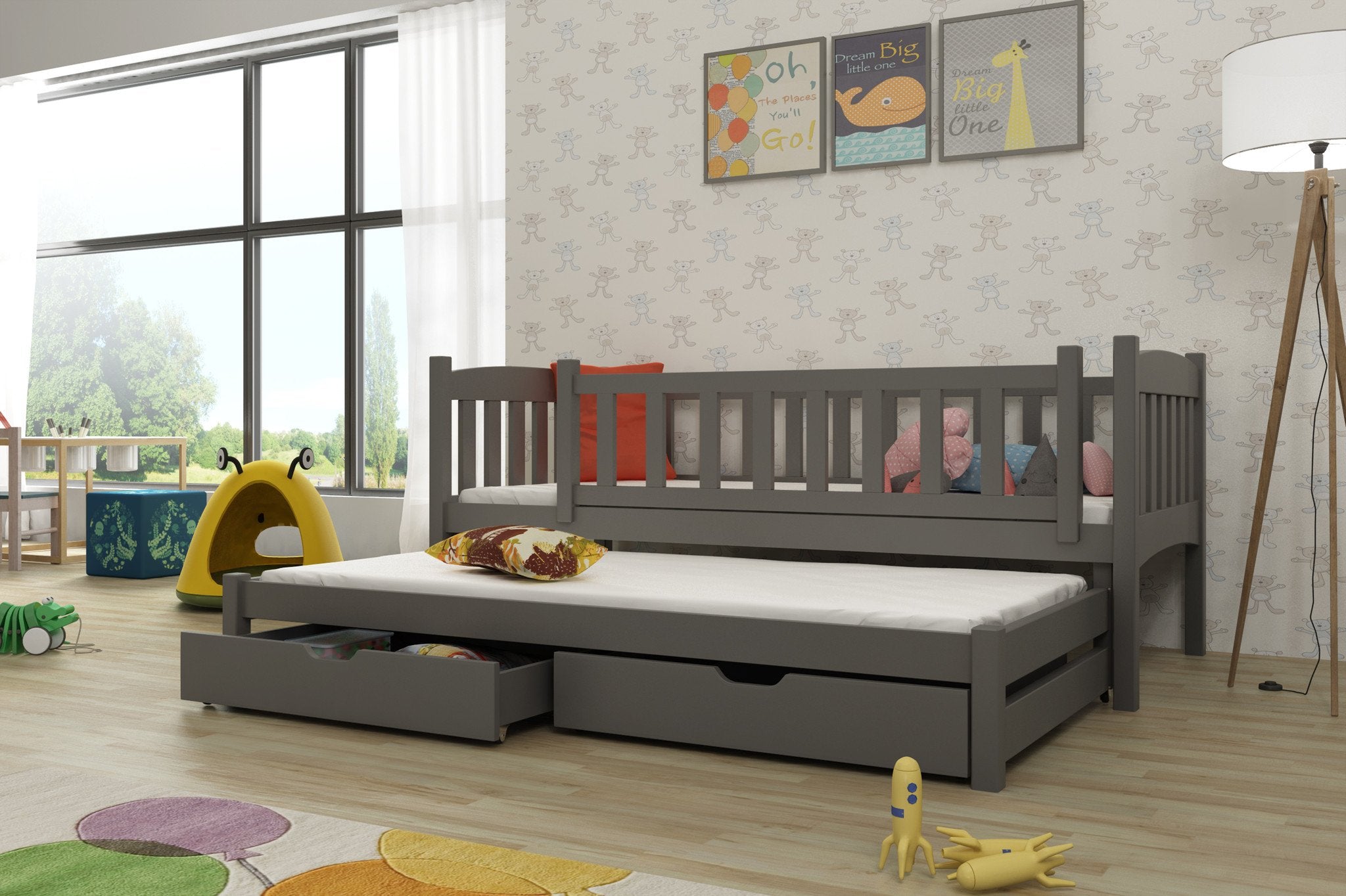 MALAIKA 2 Drawers Storage Wooden Double Bed with Trundle and Foam Mattress - Graphite - Art Nest