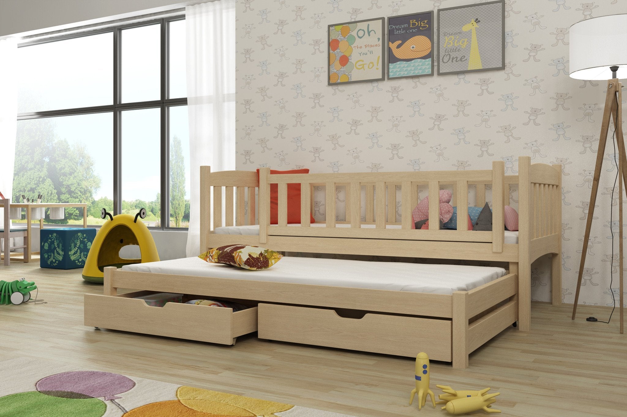 MALAIKA 2 Drawers Storage Wooden Double Bed with Trundle and Foam Mattress - Pine - Art Nest