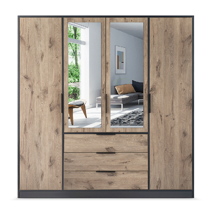 BELLVYN 4 Door Mirrored Wardrobe with 3 Drawers Black with Oak - 196cm - Avellino & Wells