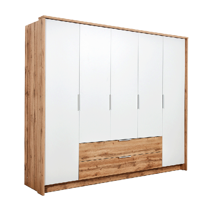 MARVELLO 5 Door Wardrobe with 2 Drawers Oak with White - 255cm - Avellino & Wells