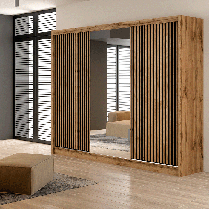 CALVERO 3 Door Mirrored Sliding Wardrobe Medium Oak - 250cm - Avellino & Wells
