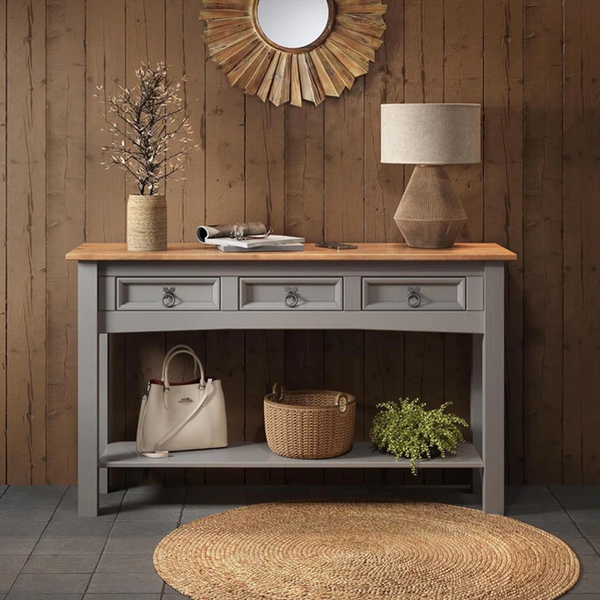 NOVATRA Sideboard Grey Solid Pine 3-Drawer Rustic Cabinet - Grey - The Urban Forge