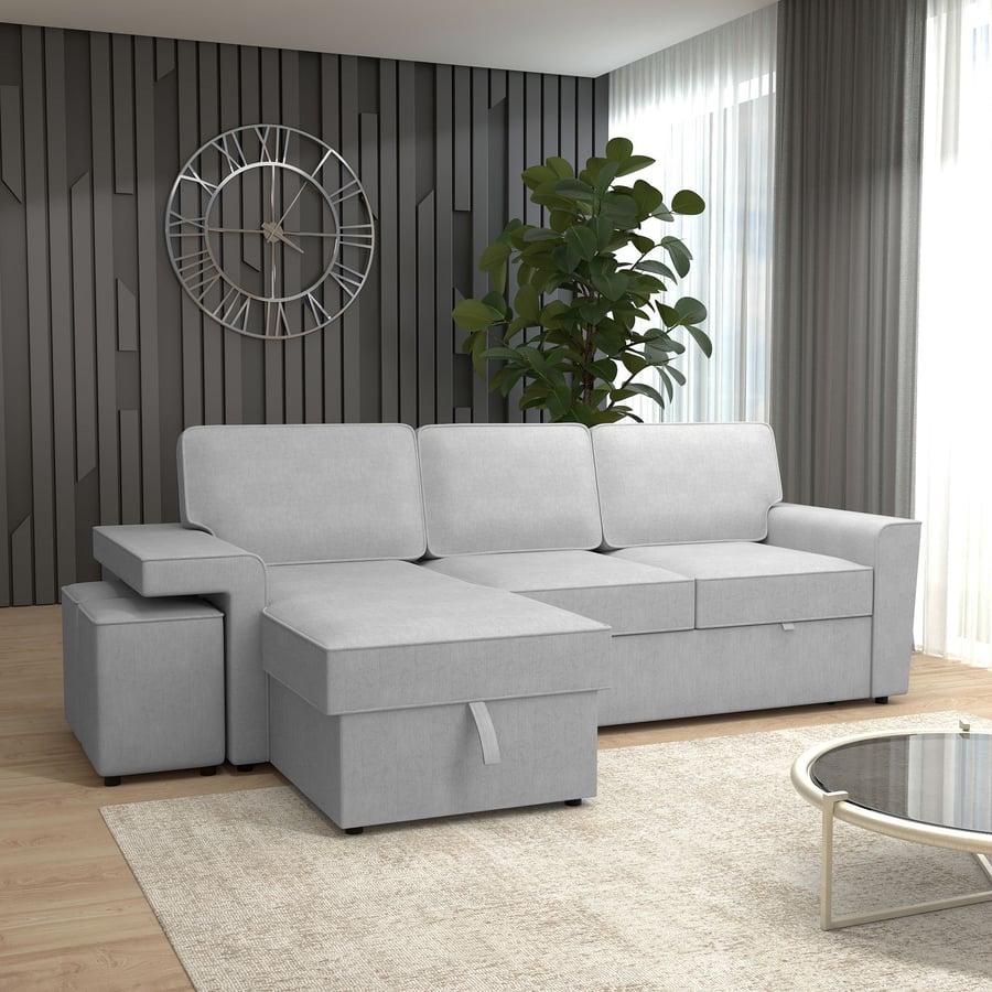 BECKMERE Fabric 3 Seater L Shaped Corner Sofabed - Grey, Reversible Facing - Avellino & Wells