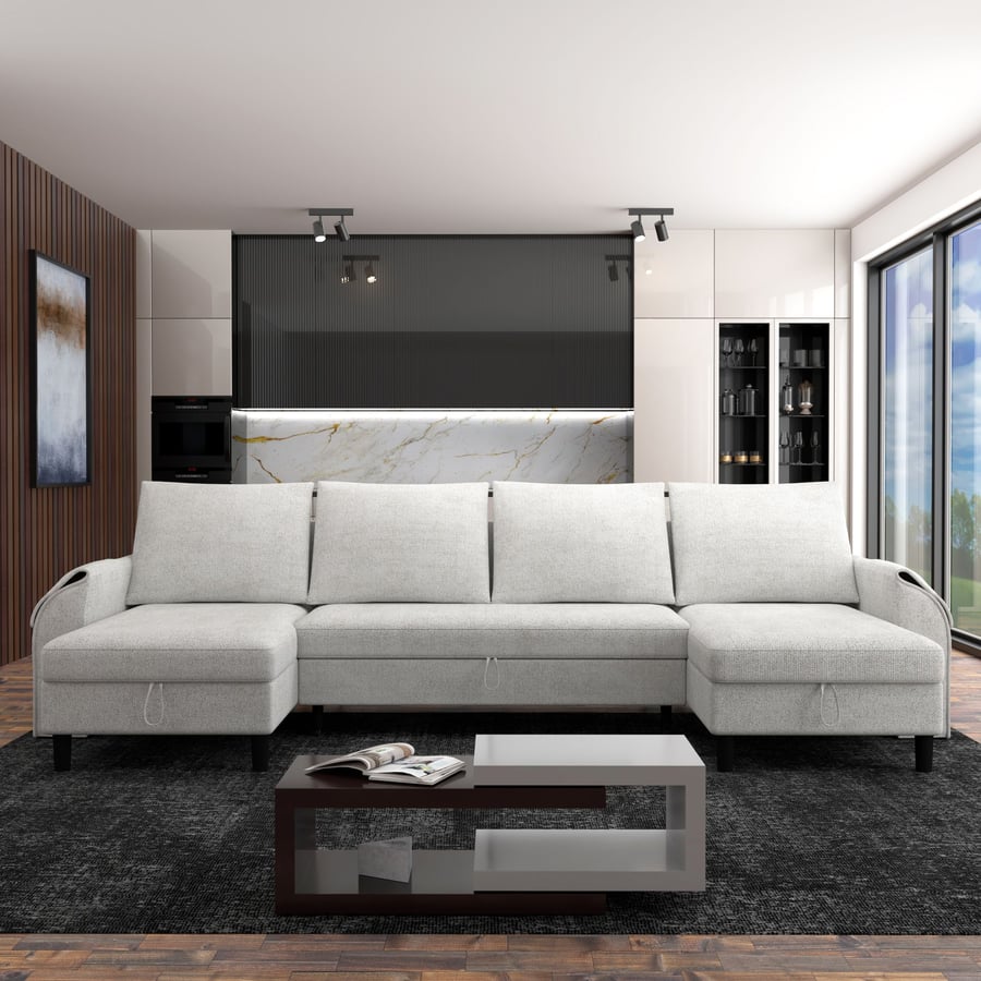 STOCKBURY Fabric 4 Seater U Shaped Corner Sofabed - Light Grey - Avellino & Wells