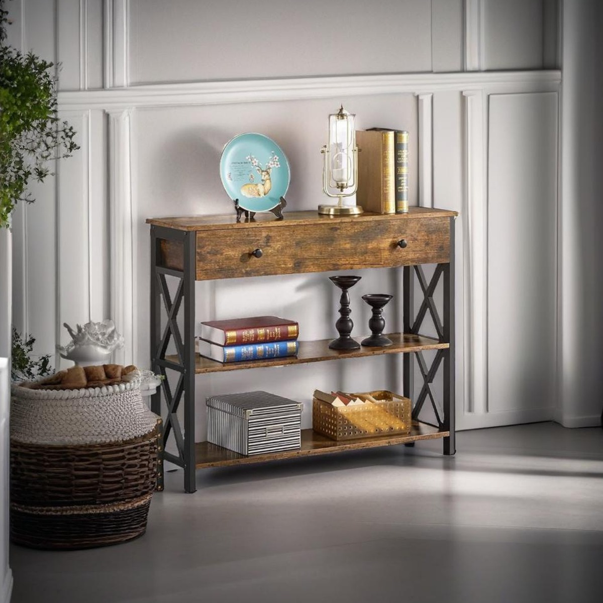 NOVATRA Console Table Table with Drawer and 2 Shelves - Rustic Brown - The Urban Forge