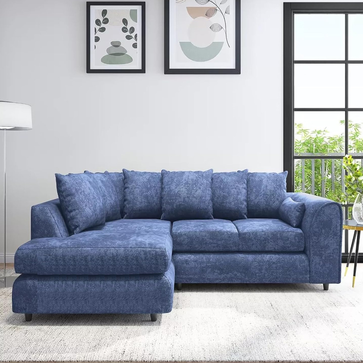 LORVANI Fabric 4 Seater L Shaped Scatterback Corner Sofa - Midnight Blue, Left Hand Facing - Home Done