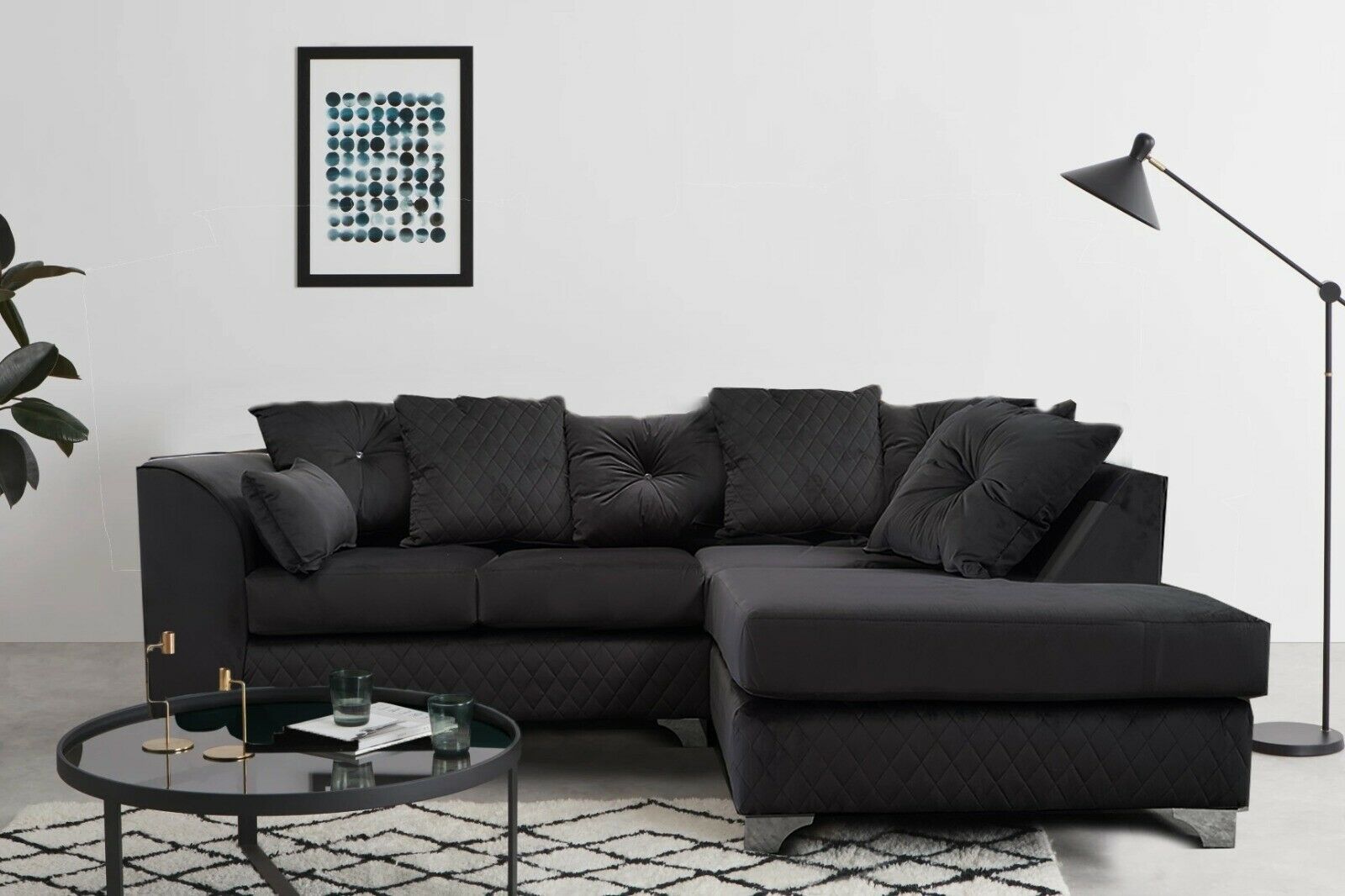 VICTORIA Plush Velvet 4 Seater L Shaped - Right Hand Facing Corner Sofa - Black - Steve and Co Mills