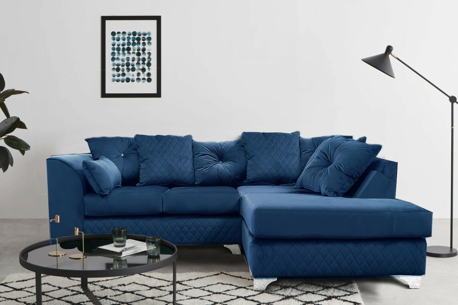 VICTORIA Plush Velvet 4 Seater L Shaped - Right Hand Facing Corner Sofa - Blue - Steve and Co Mills