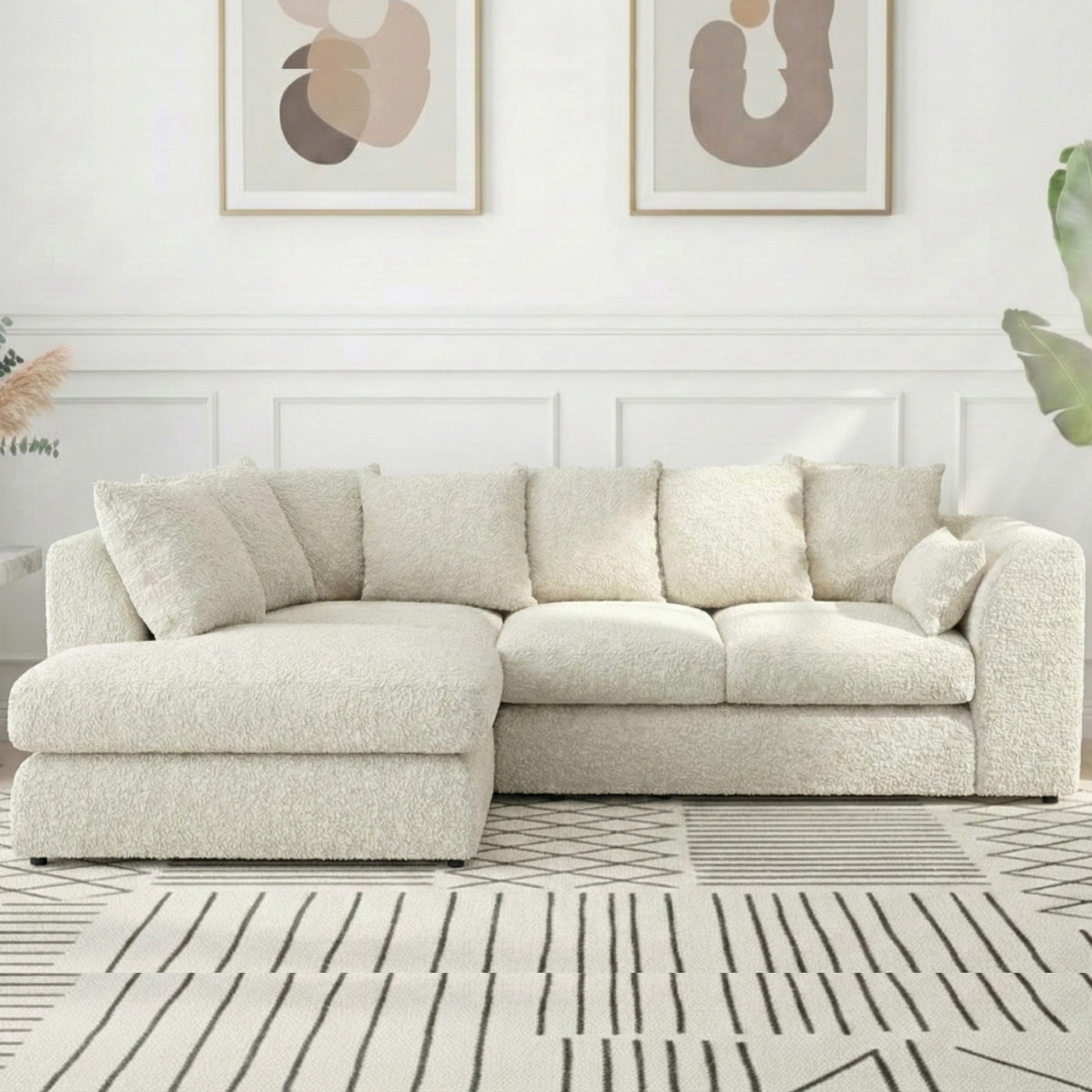 BELVANO Boucle Fabric 4 Seater L Shaped Scatterback Corner Sofa - Ivory, Left Hand Facing - Home Done