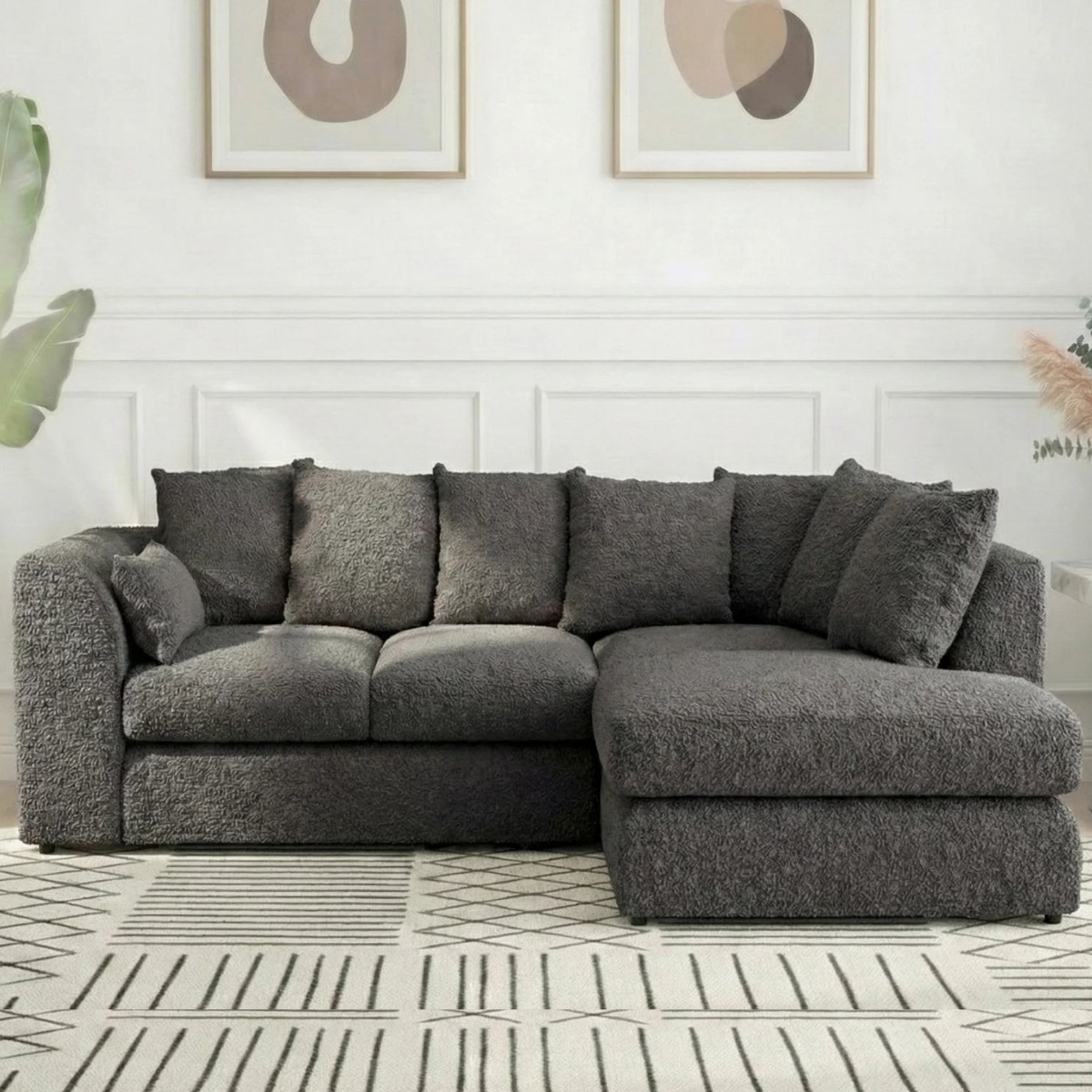 BELVANO Boucle Fabric 4 Seater L Shaped Scatterback Corner Sofa - Slate Grey, Right Hand Facing - Home Done