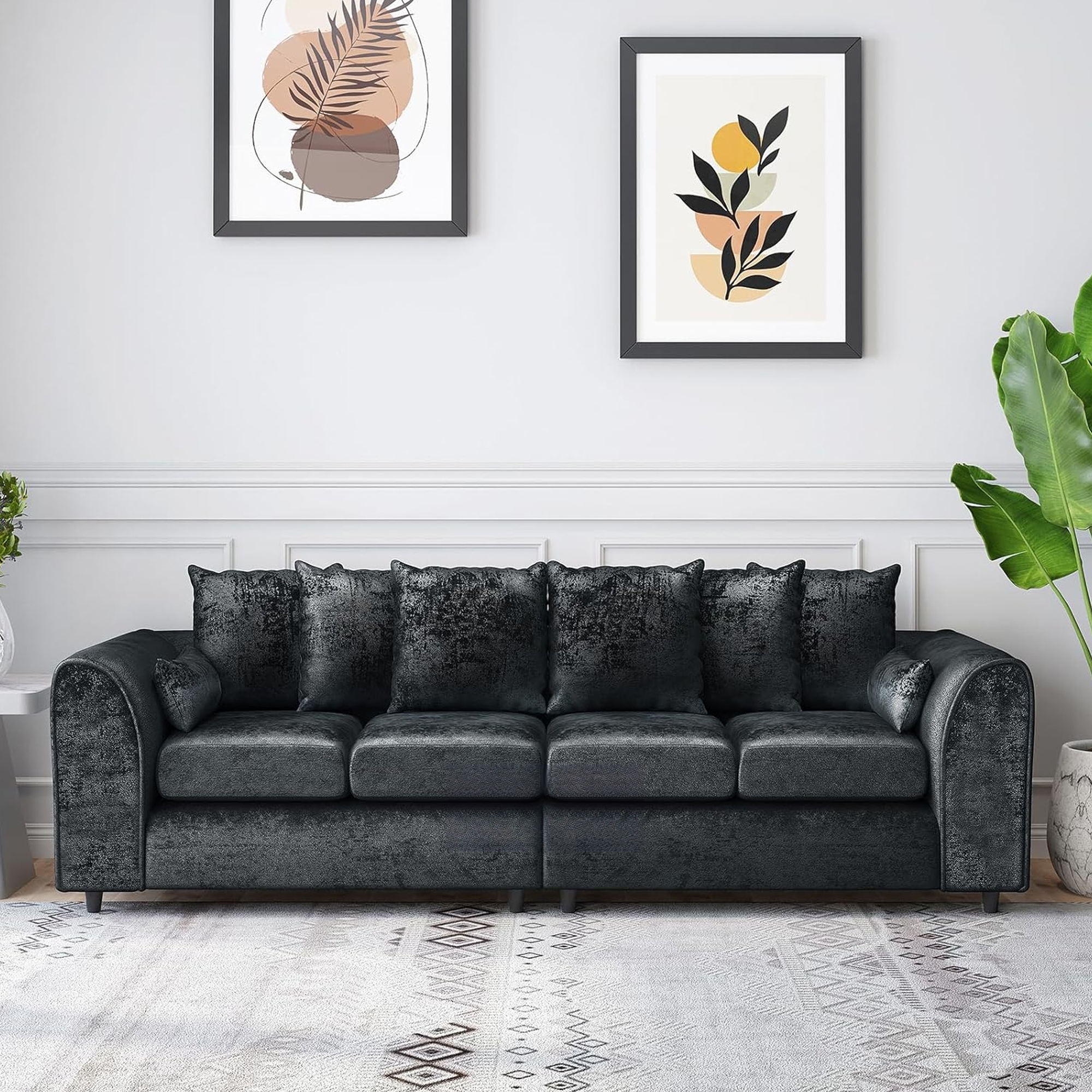 VELOURA Crush Velvet 4 Seater Scatterback Sofa - Black - Home Done