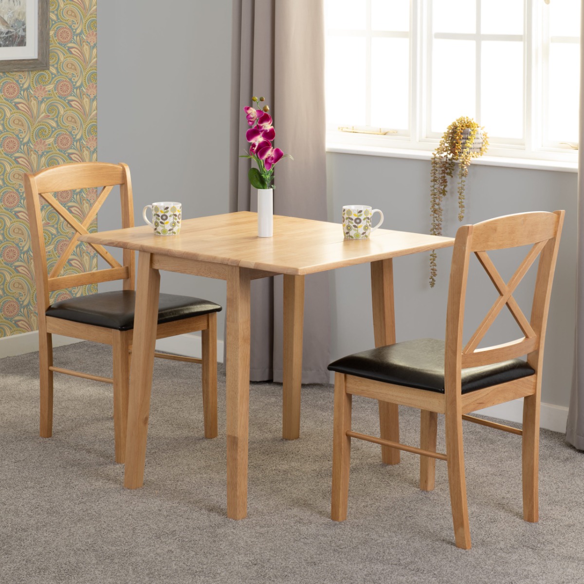 Mason Double Drop Leaf Dining Set - Oak Varnish Brown Faux Leather - Budget Deals