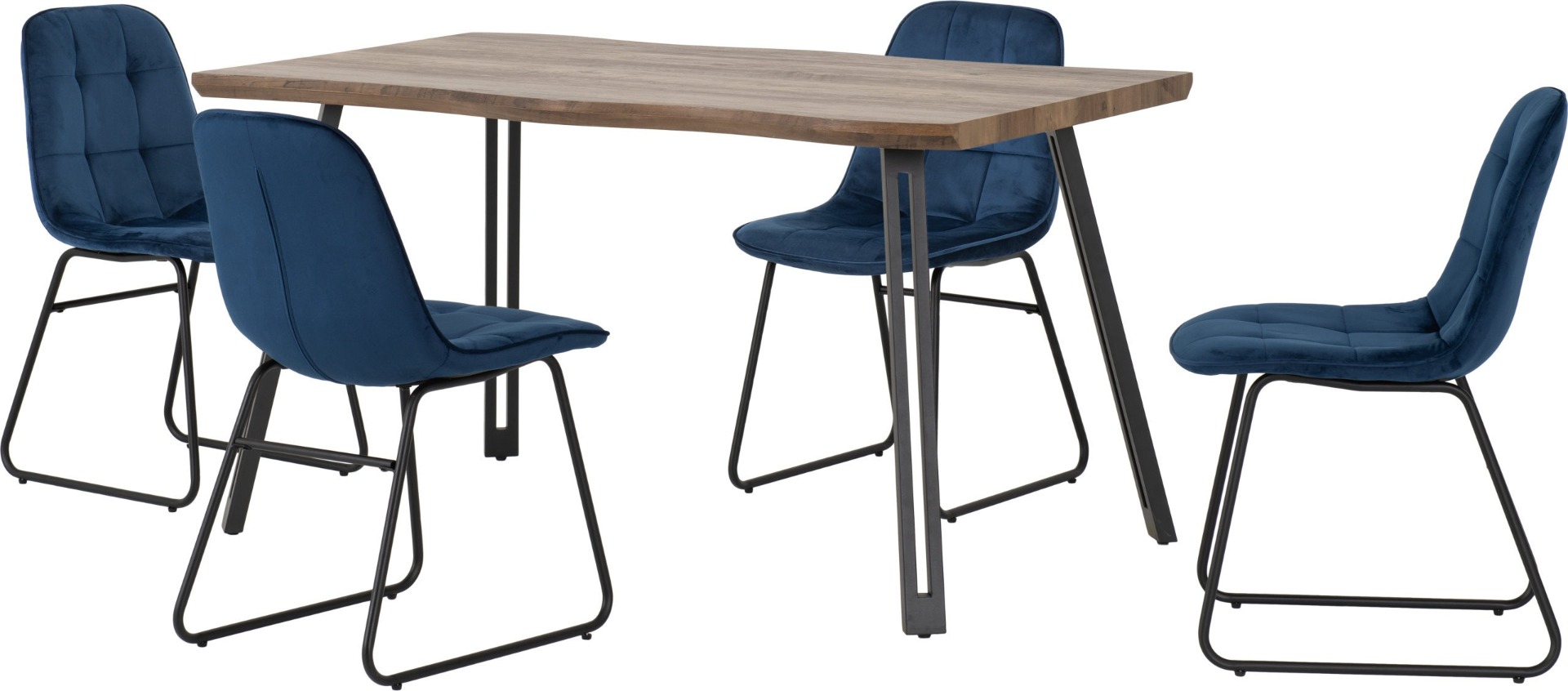 Quebec Wave Edge Dining Set with Lukas Chairs - Oak Effect Black Sapphire Blue Velvet - Budget Deals