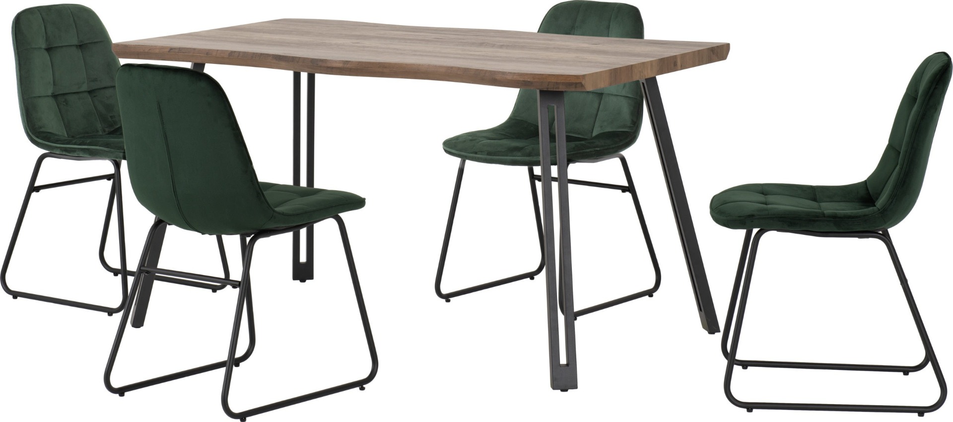 Quebec Wave Edge Dining Set with Lukas Chairs - Oak Effect Black Emerald Green Velvet - Budget Deals
