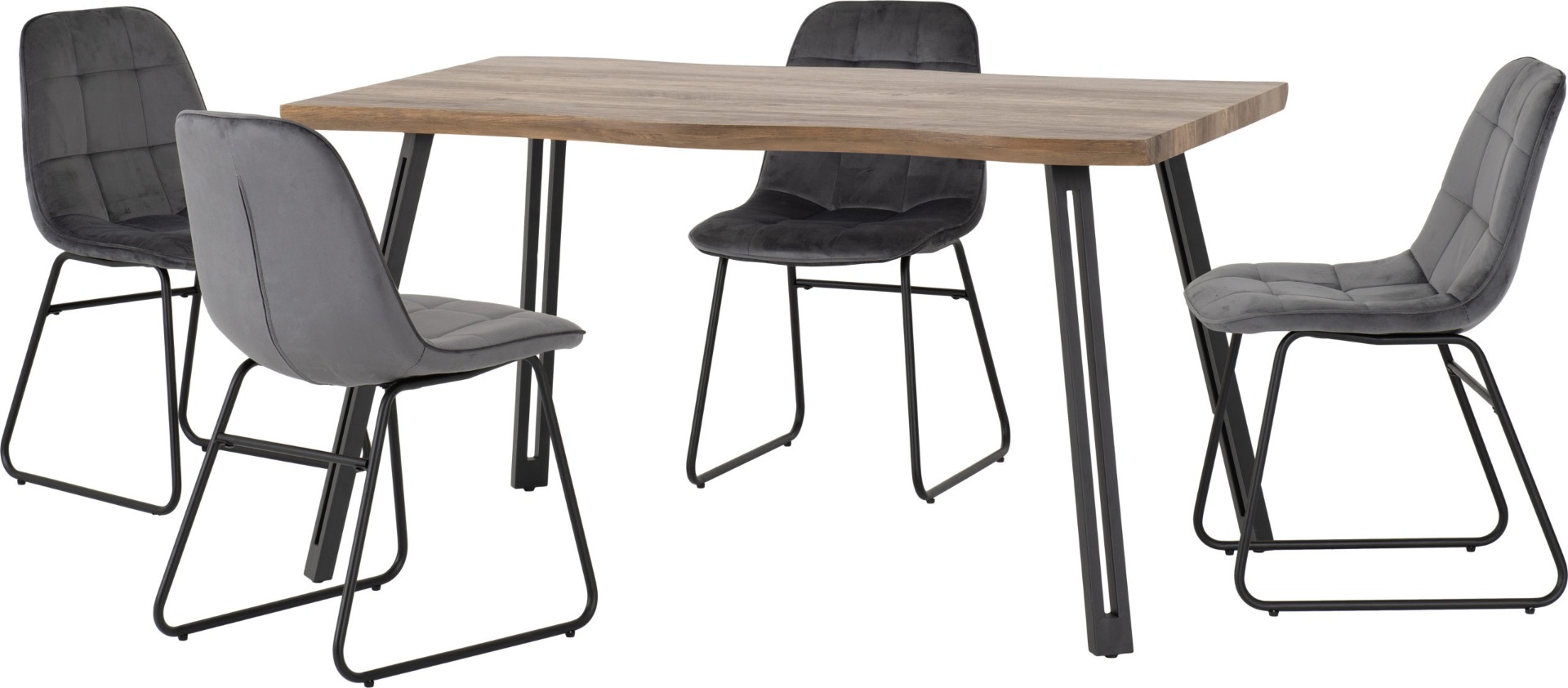 Quebec Wave Edge Dining Set with Lukas Chairs - Oak Effect Black Grey Velvet - Budget Deals