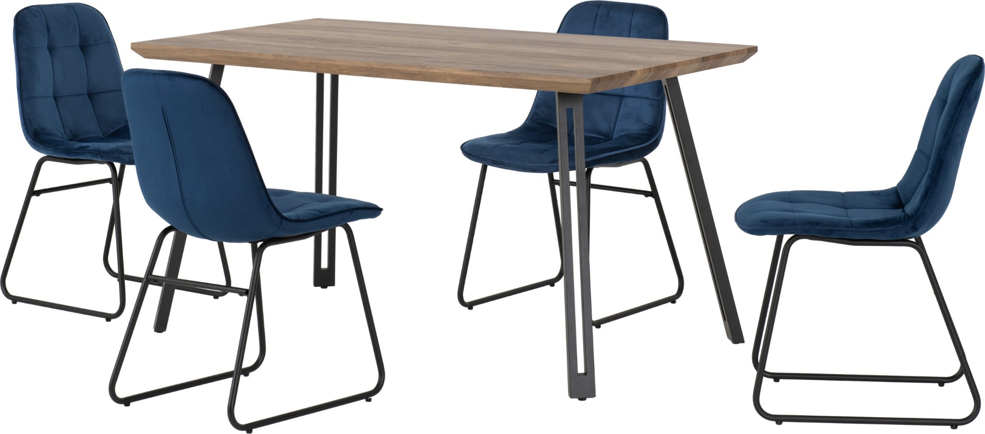 Quebec Straight Edge Dining Set with Lukas Chairs - Oak Effect Black Sapphire Blue Velvet - Budget Deals