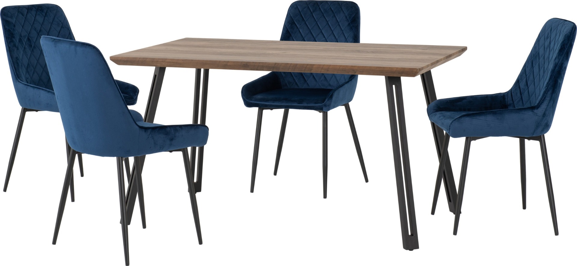 Quebec Straight Edge Dining Set with Avery Chairs - Oak Effect Black Sapphire Blue Velvet - Budget Deals