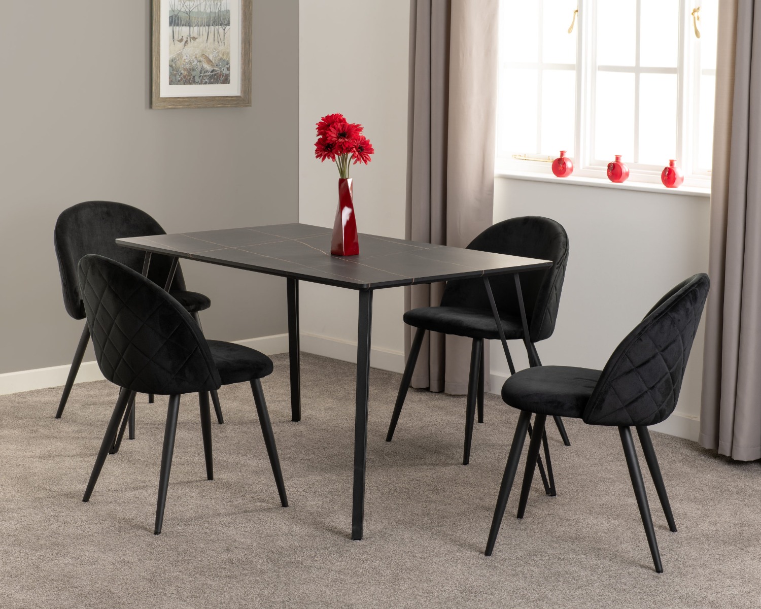 Marlow Dining Set - Black Marble Effect Black Velvet - Budget Deals