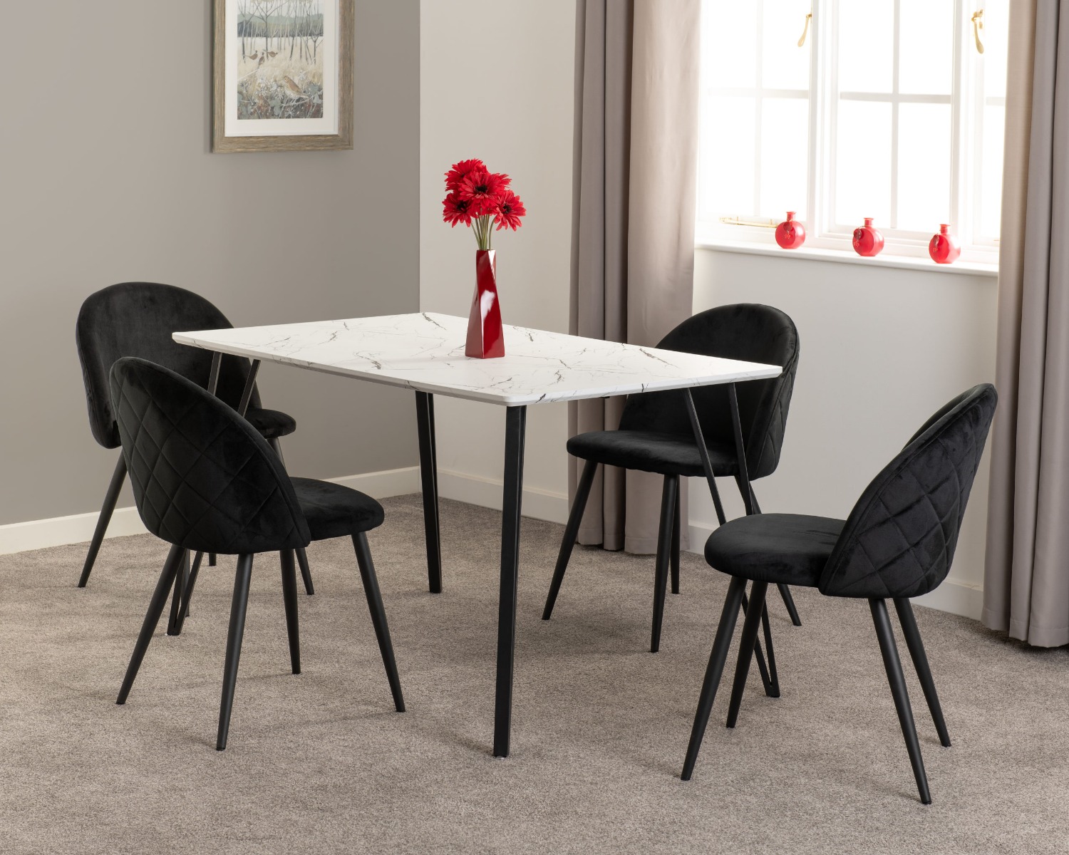 Marlow Dining Set - White Marble Effect Black Velvet - Budget Deals