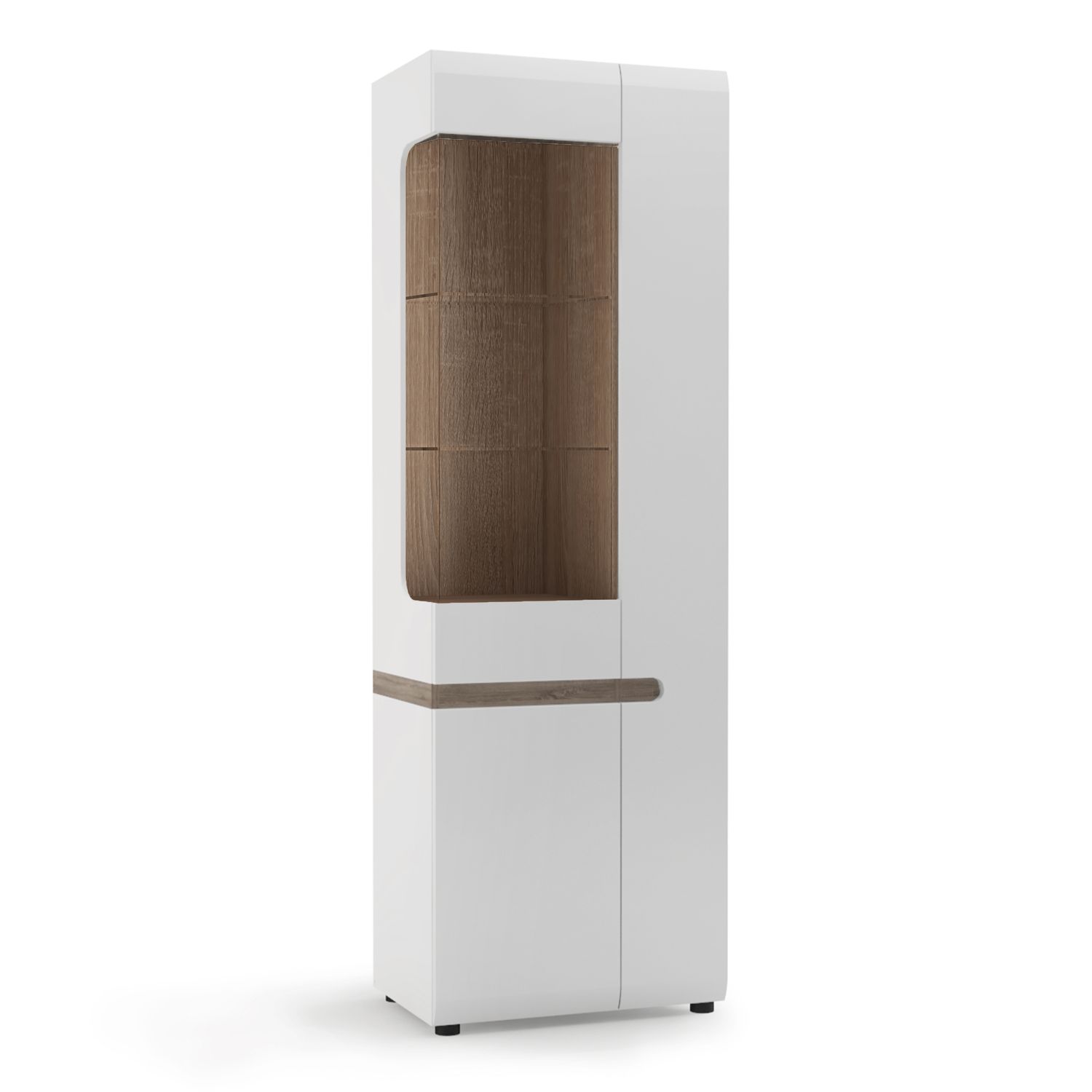 Chelsea Tall Glazed Narrow Display unit (RHD) - White with oak trim - Rosalind Collection