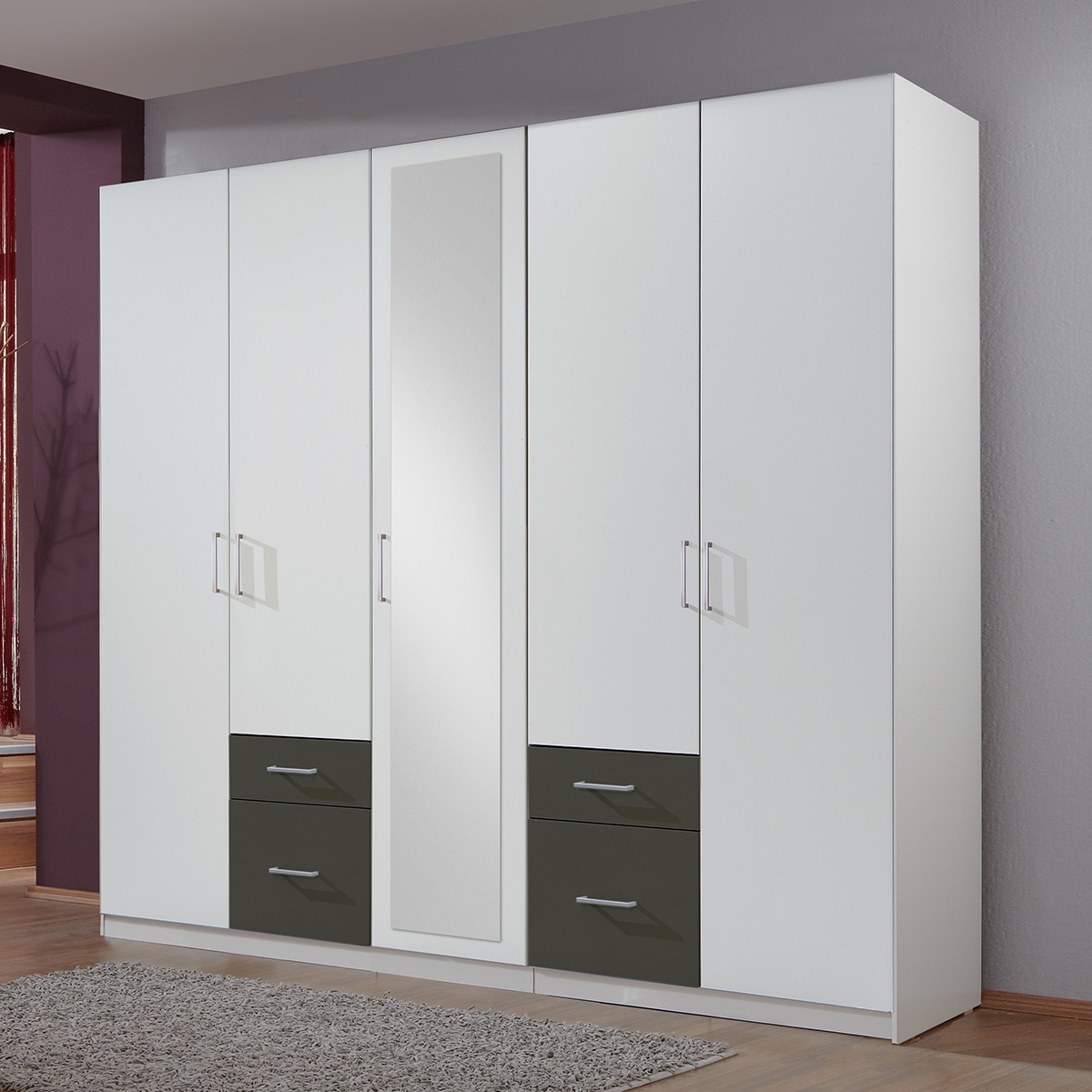 Wardrobe - FRESCO 5 Door Wardrobe White and Graphite 225cm - Wimex Distribution