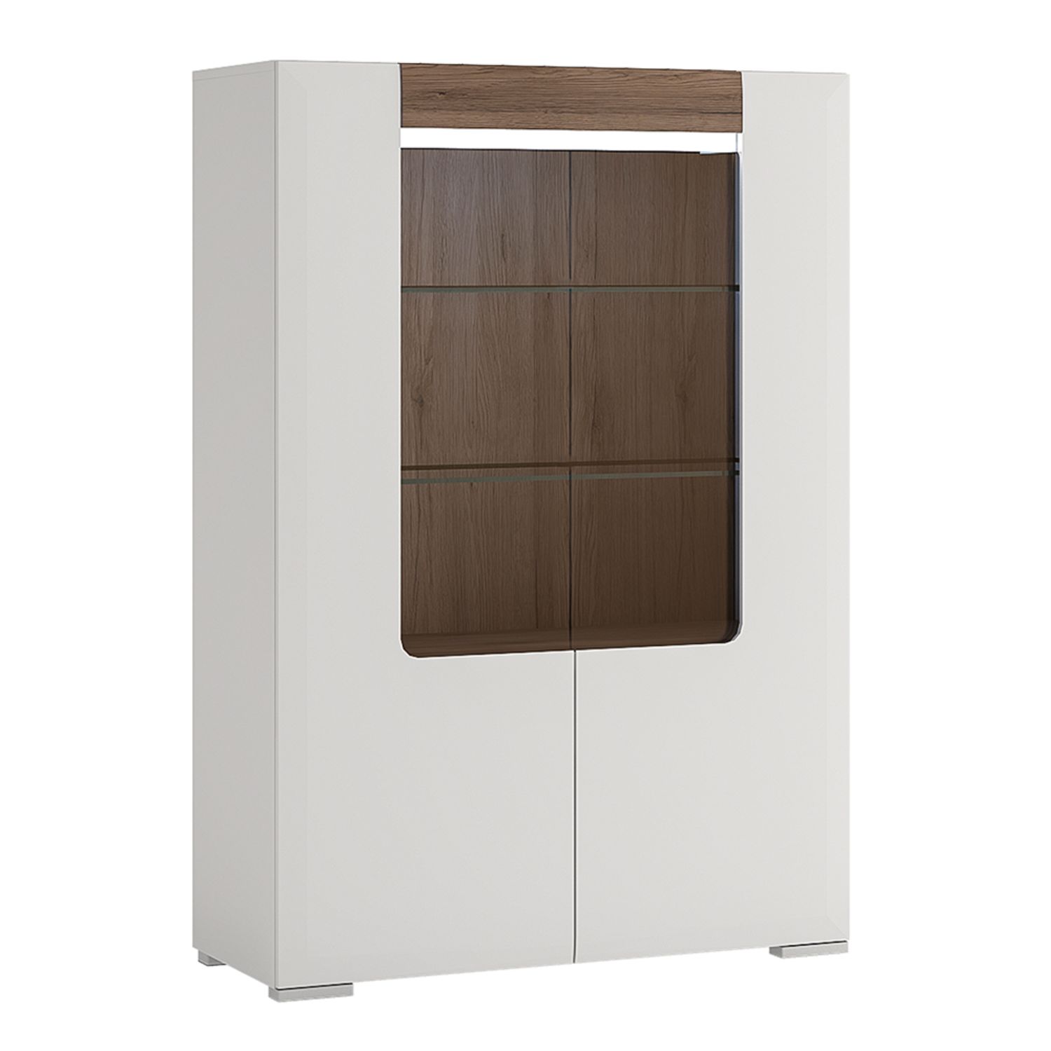 Toronto Low Glazed 2 Door Display cabinet with internal shelves (inc Plexi Lighting) - White High Gloss with San Remo Oak inset - Rosalind Collection