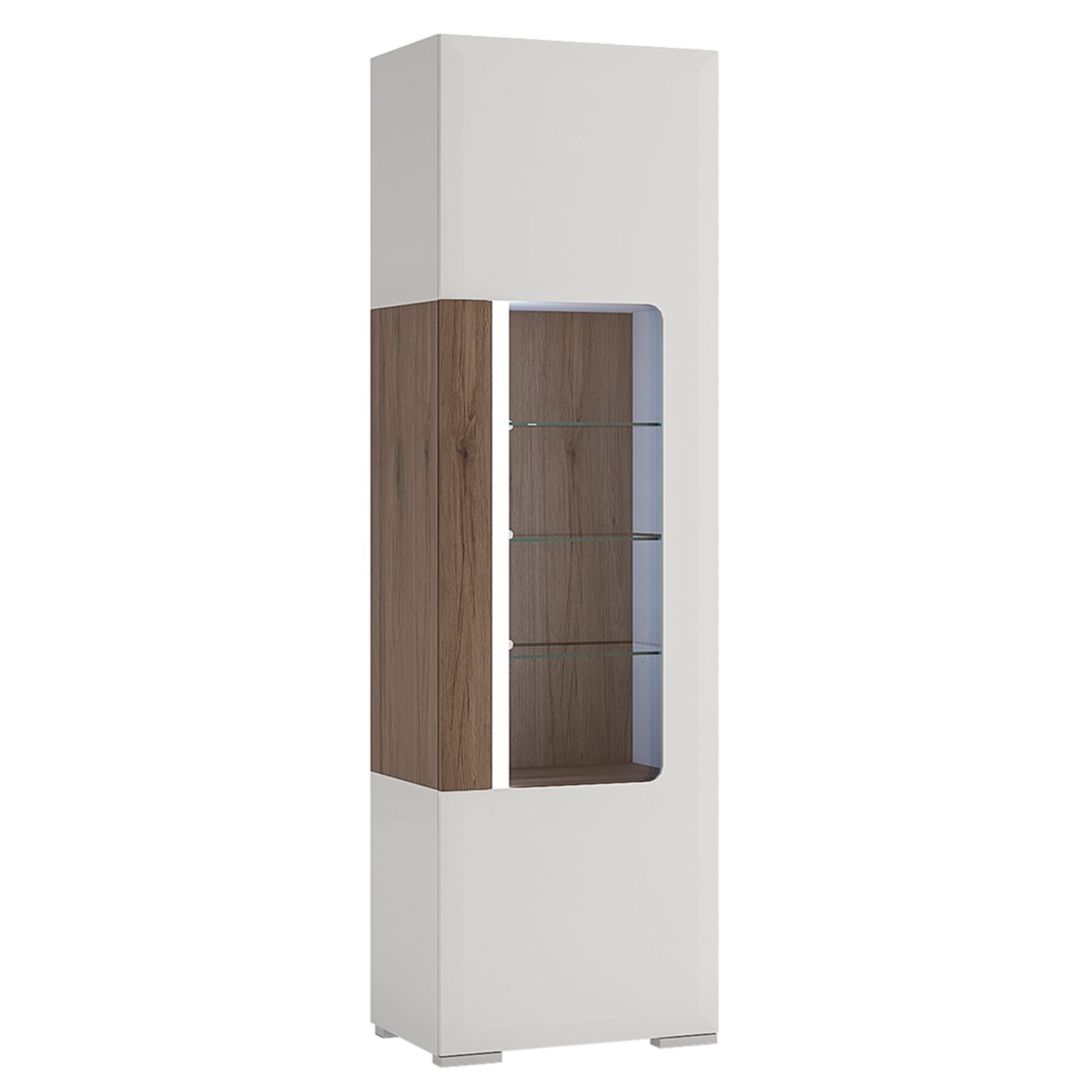 Toronto Tall narrow glazed display cabinet with internal shelves (inc Plexi Lighting) - White High Gloss with San Remo Oak inset - Rosalind Collection