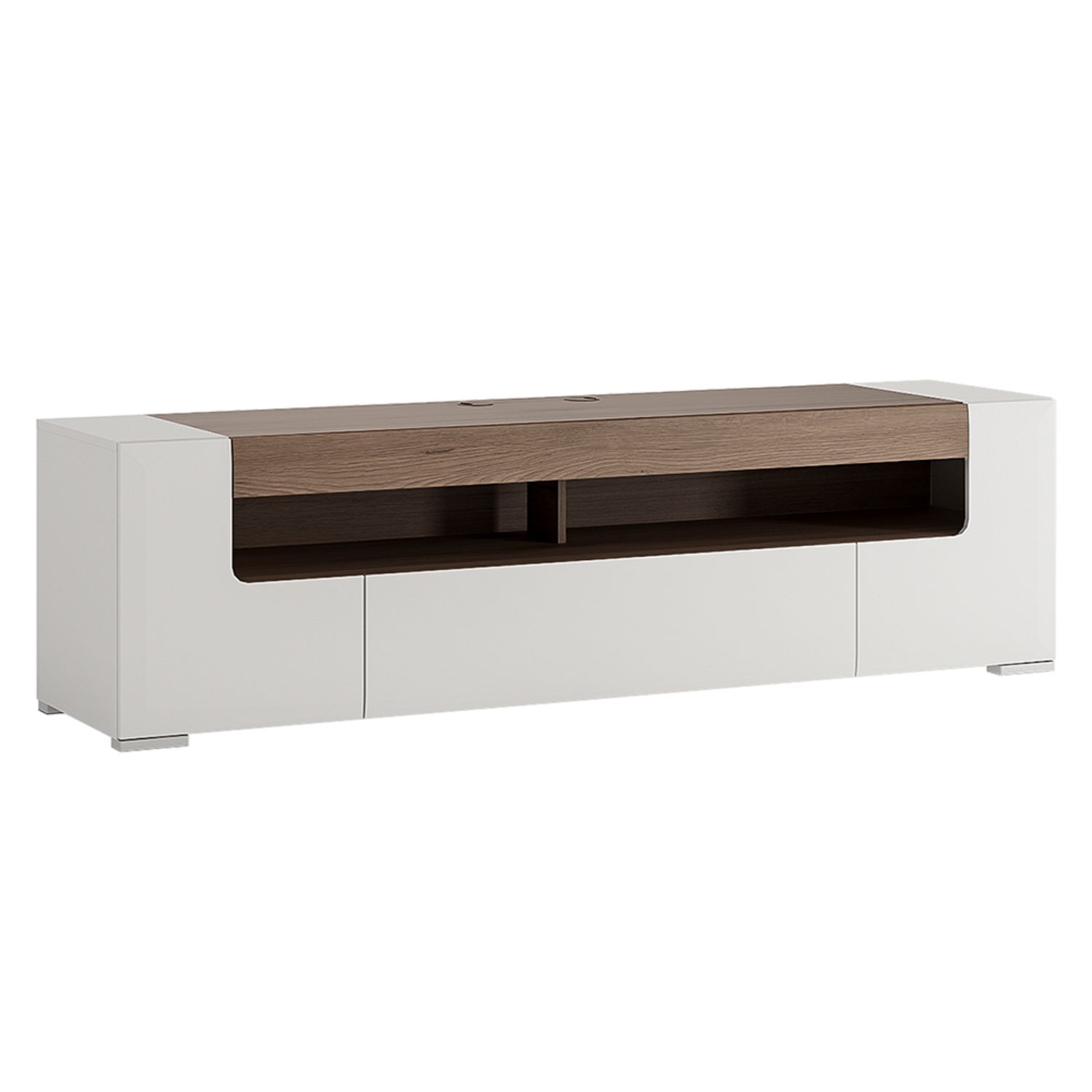 Toronto 190cm wide TV Cabinet - White High Gloss with San Remo Oak inset - Rosalind Collection
