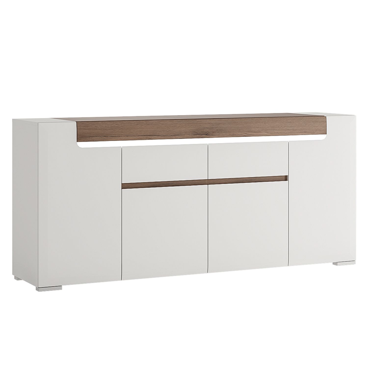 Toronto Wide 4 Door 2 Drawer Sideboard (inc Plexi Lighting) - White High Gloss with San Remo Oak inset - Rosalind Collection