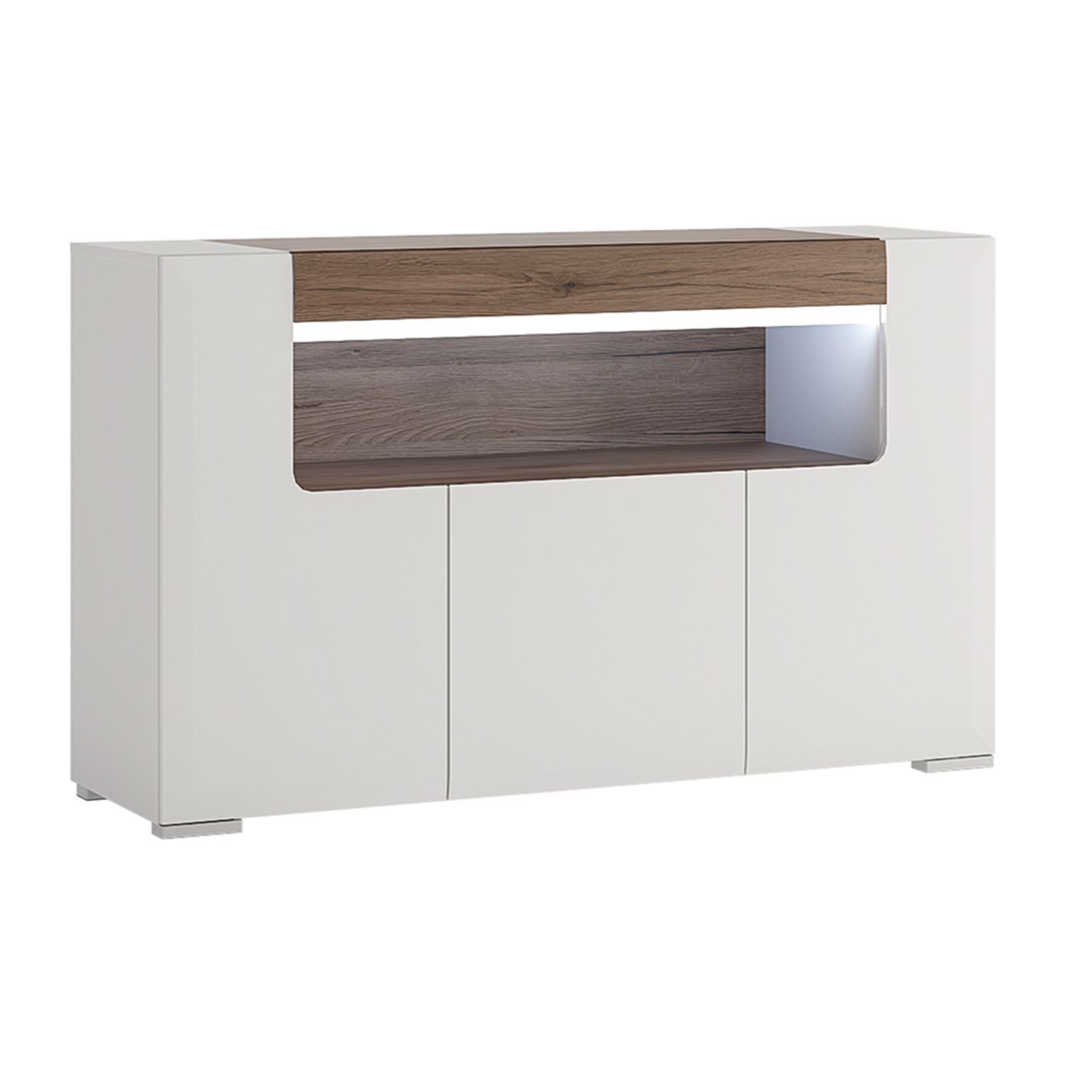 Toronto 3 Door Sideboard with open shelving (inc Plexi Lighting) - White High Gloss with San Remo Oak inset - Rosalind Collection