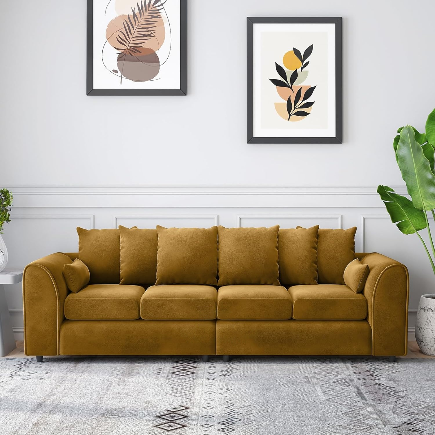 DELANO Plush Velvet 4 Seater Scatterback Sofa - Mustard - Home Done