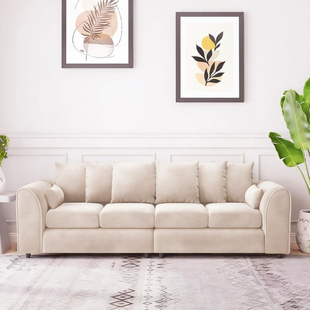 DELANO Plush Velvet 4 Seater Scatterback Sofa - Cream - Home Done