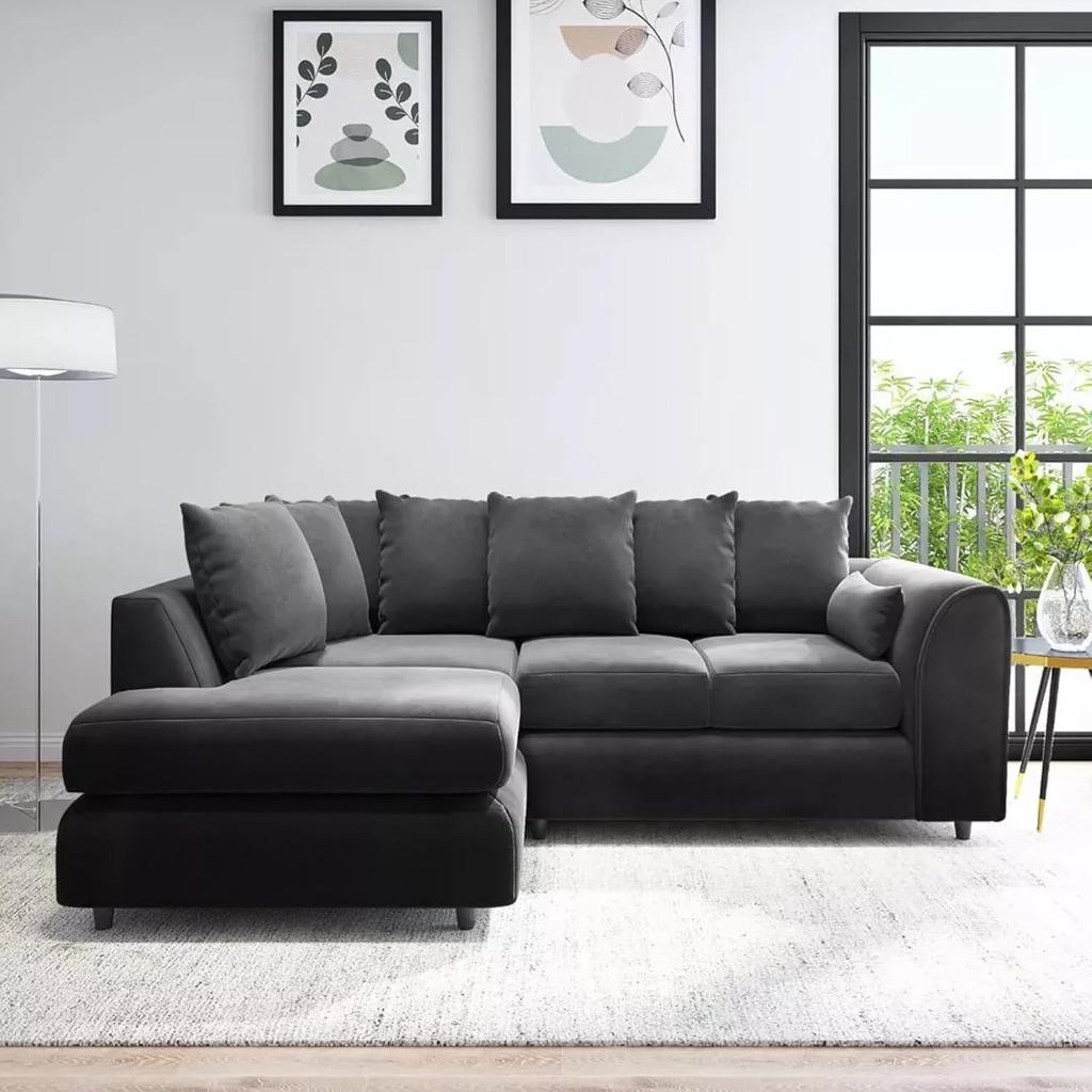 DELANO Plush Velvet 4 Seater L Shaped Scatterback Corner Sofa - Black, Left Hand Facing - Home Done