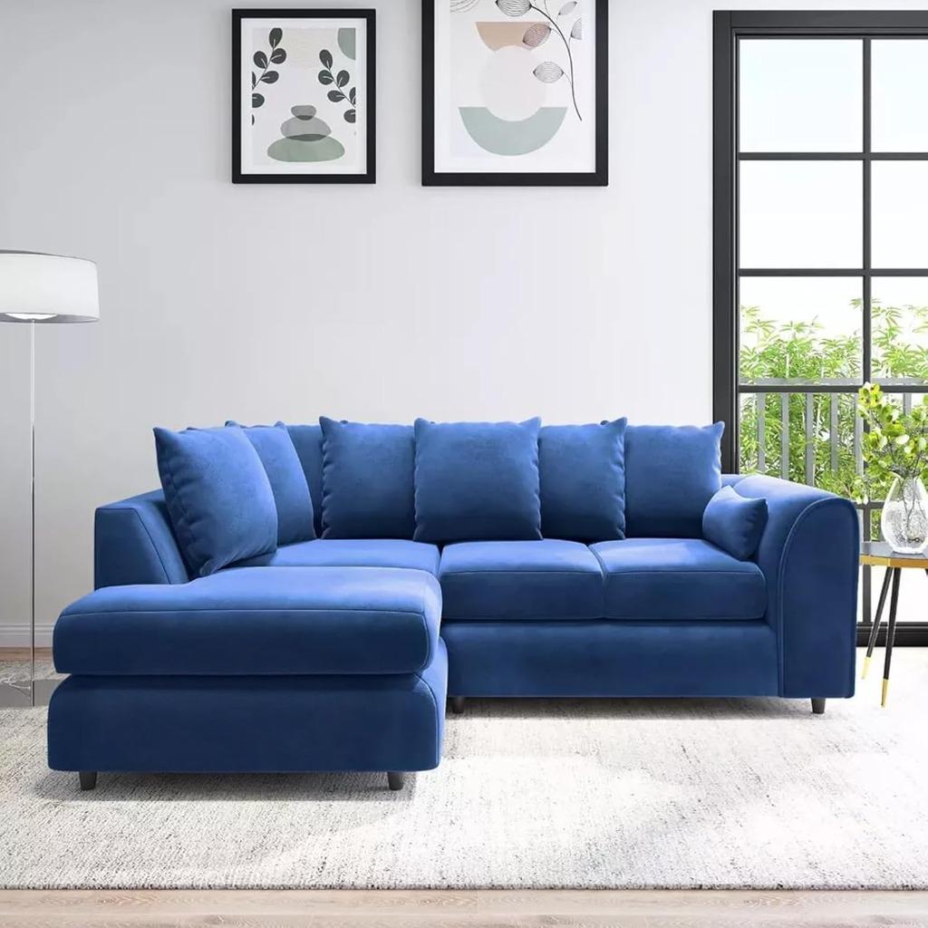DELANO Plush Velvet 4 Seater L Shaped Scatterback Corner Sofa - Midnight Blue, Left Hand Facing - Home Done