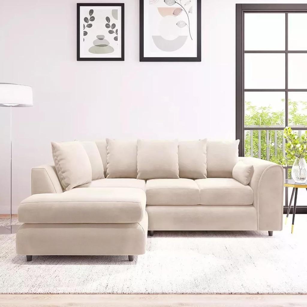 DELANO Plush Velvet 4 Seater L Shaped Scatterback Corner Sofa - Cream, Left Hand Facing - Home Done