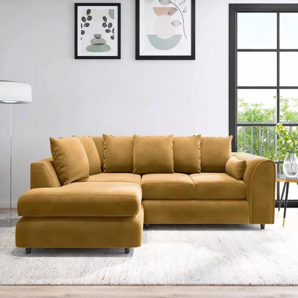 DELANO Plush Velvet 4 Seater L Shaped Scatterback Corner Sofa - Mustard, Left Hand Facing - Home Done