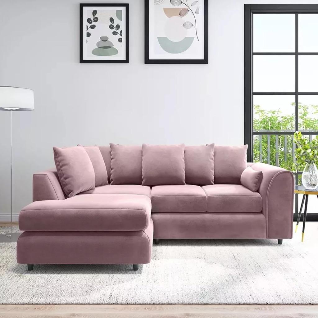 DELANO Plush Velvet 4 Seater L Shaped Scatterback Corner Sofa - Pink, Left Hand Facing - Home Done